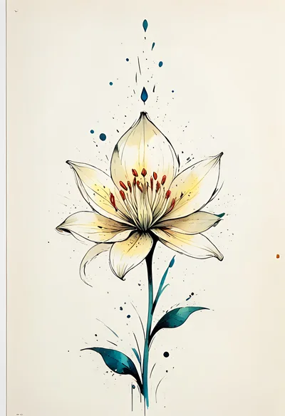 Watercolor Lily Flower Illustration With Ink Splatters