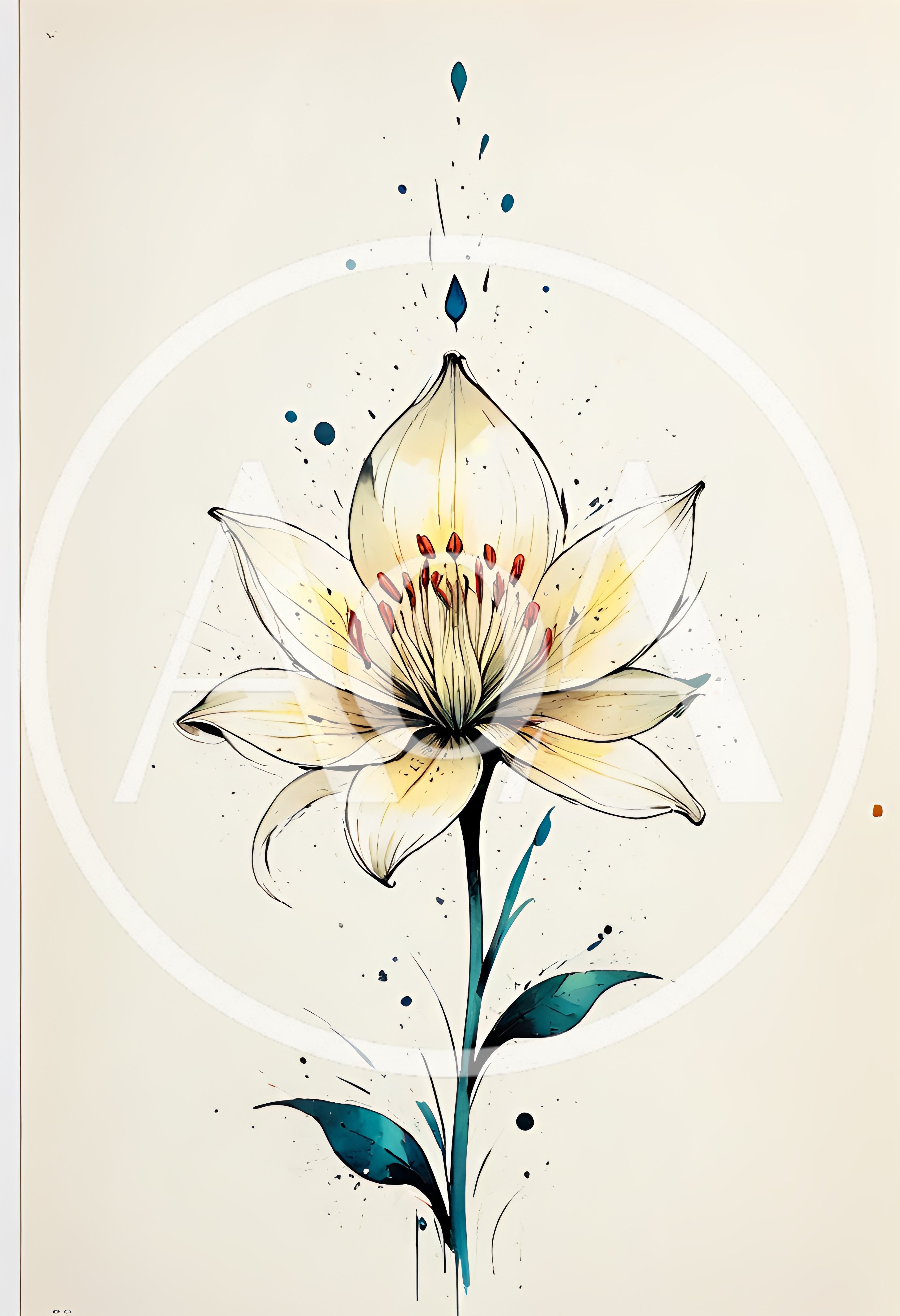 Watercolor Lily Flower Illustration With Ink Splatters