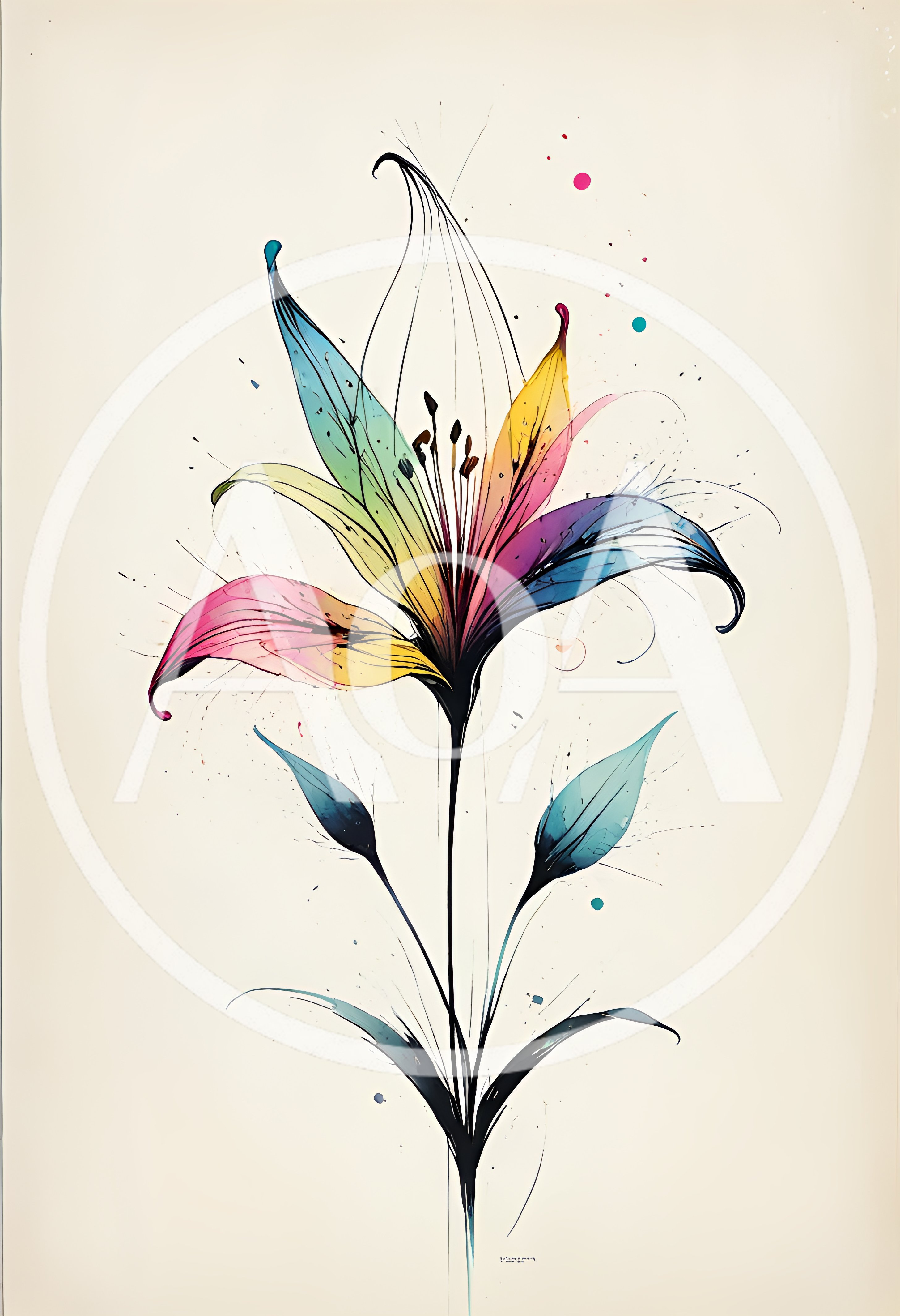 Watercolor Illustration Of A Vibrant Rainbow Lily Flower