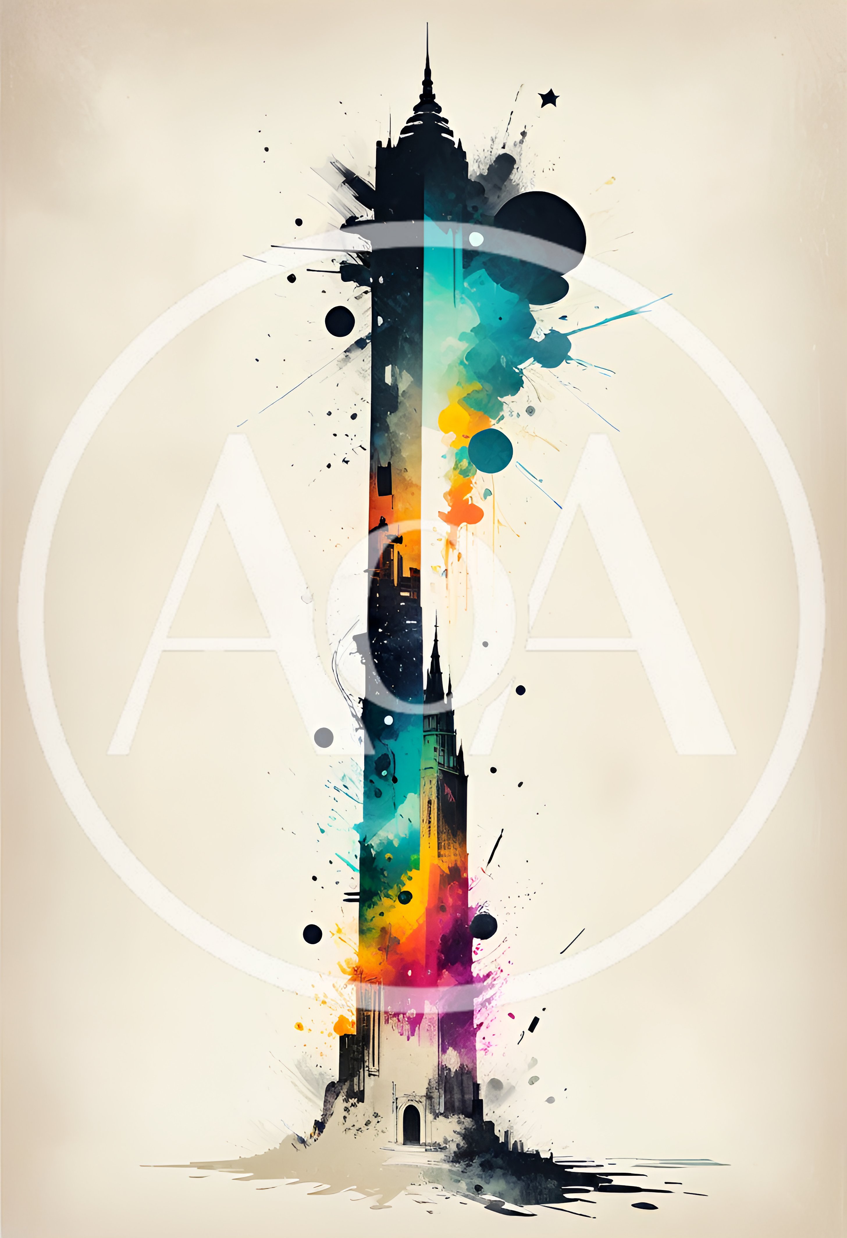 Abstract Watercolor Illustration Of A Tall Gothic Tower