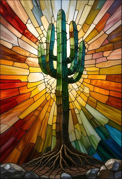Stained Glass Saguaro Cactus With Radiant Sunburst Background