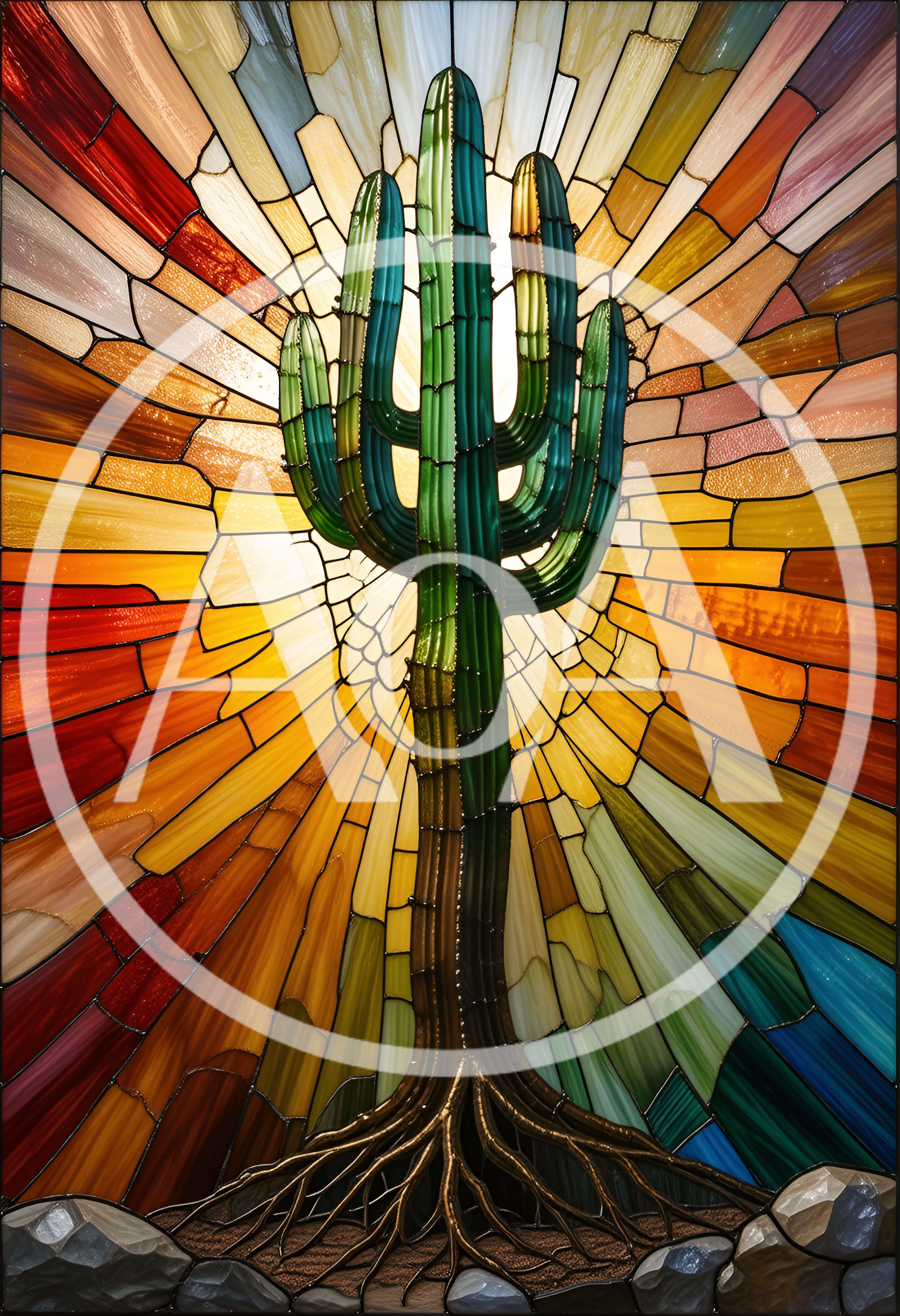 Stained Glass Saguaro Cactus With Radiant Sunburst Background