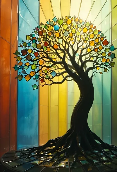 Stained Glass Tree Sculpture With Colorful Geometric Leaves