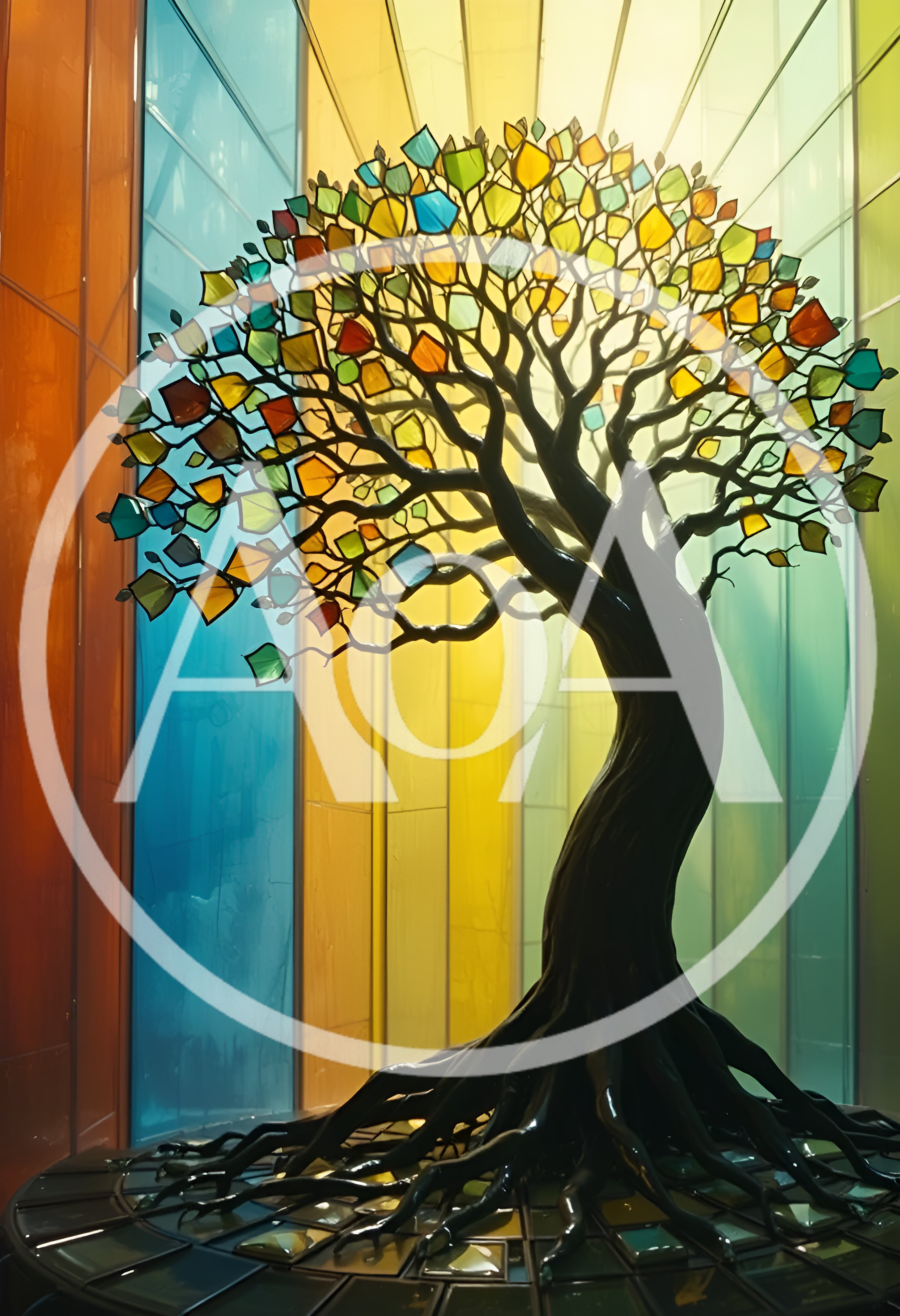 Stained Glass Tree Sculpture With Colorful Geometric Leaves