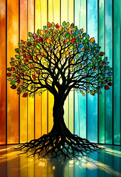 Stained Glass Tree With Colorful Leaves And Roots