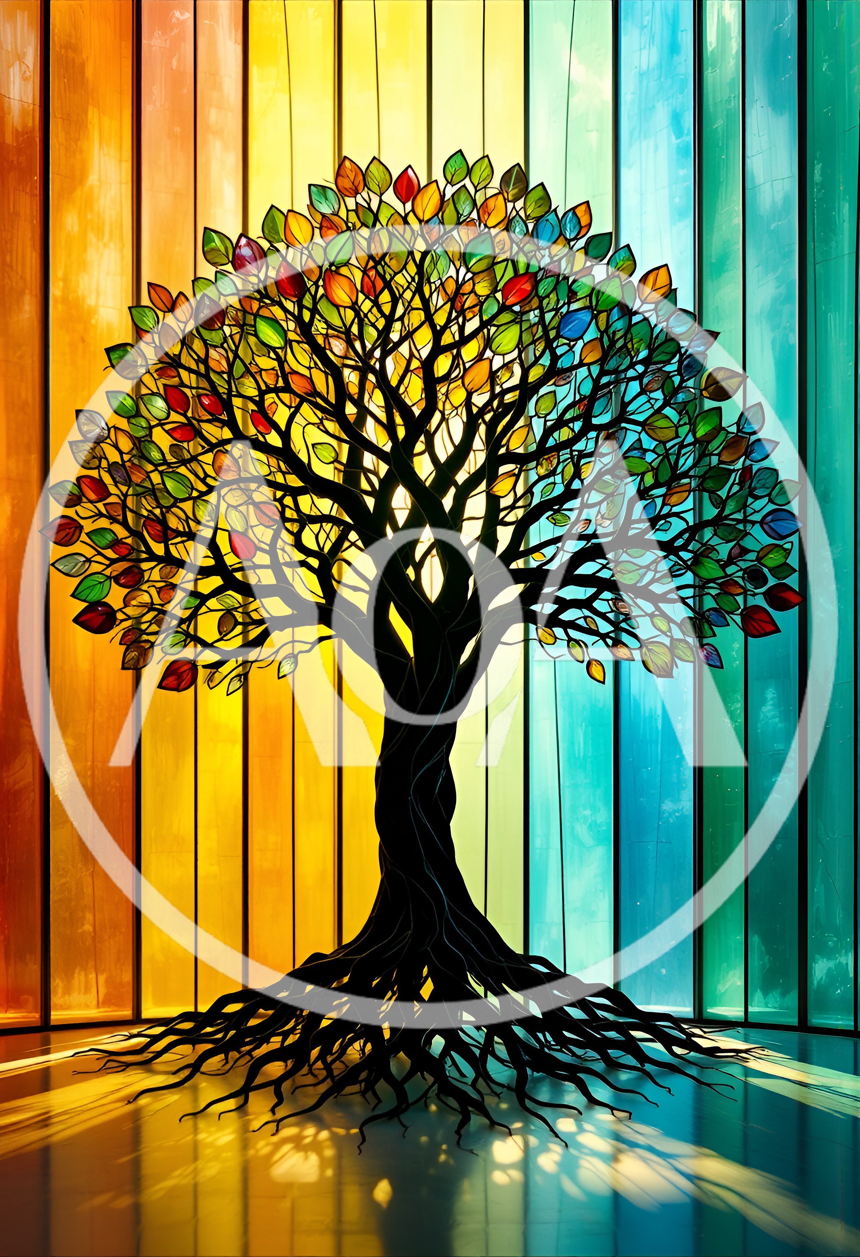 Stained Glass Tree With Colorful Leaves And Roots
