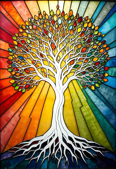 Stained Glass Tree Of Life With Radiant Rainbow Background