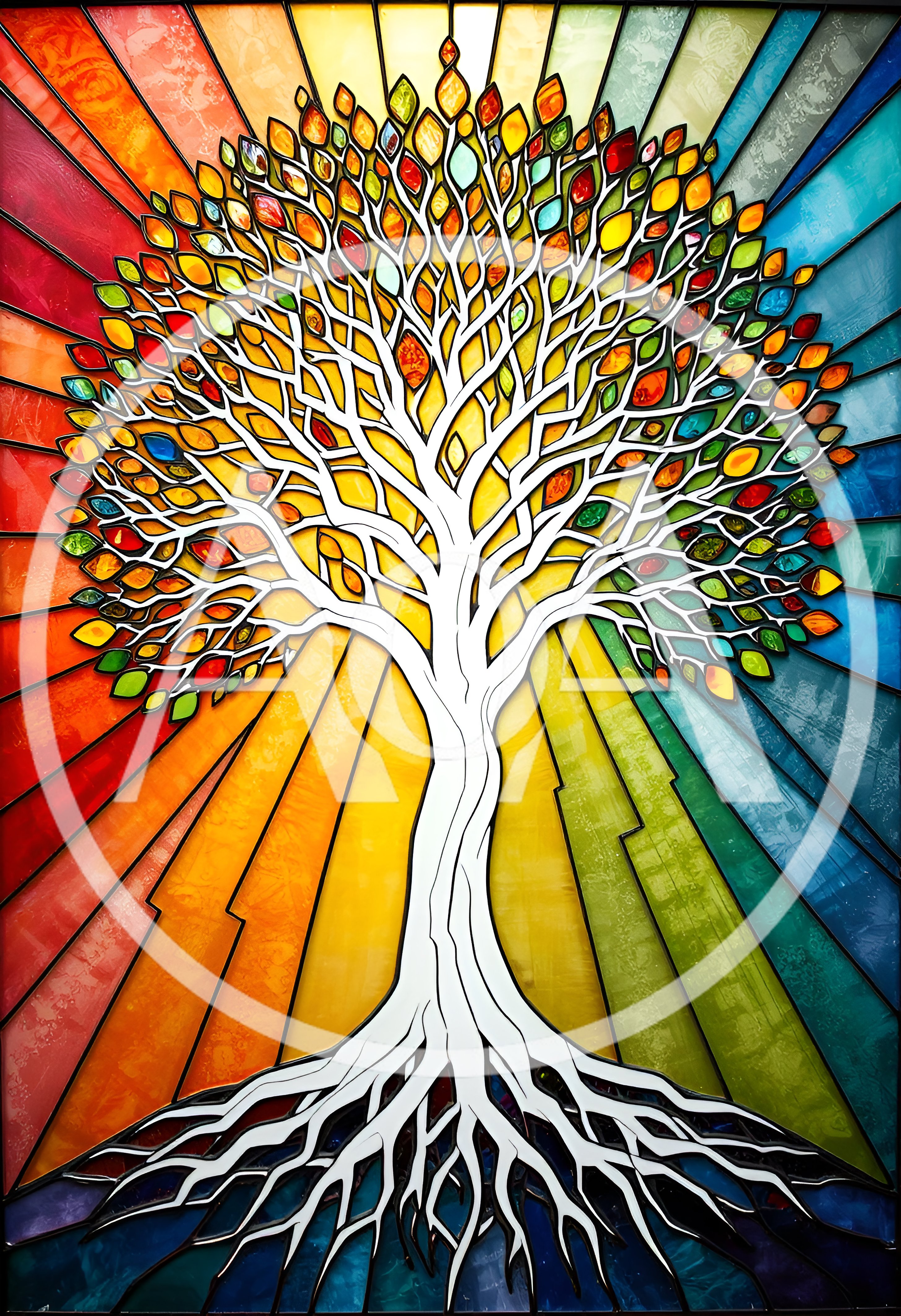 Stained Glass Tree Of Life With Radiant Rainbow Background