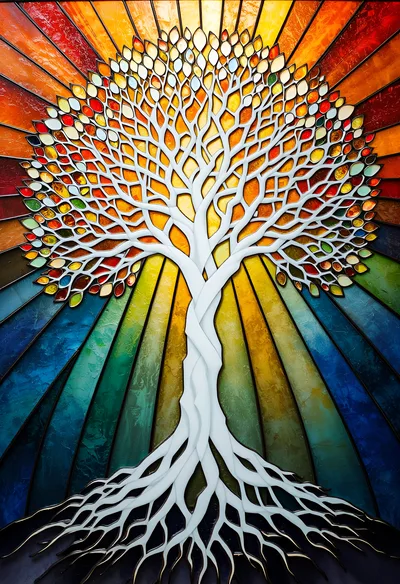 Stained Glass Tree Of Life With Radiant Sunburst Background