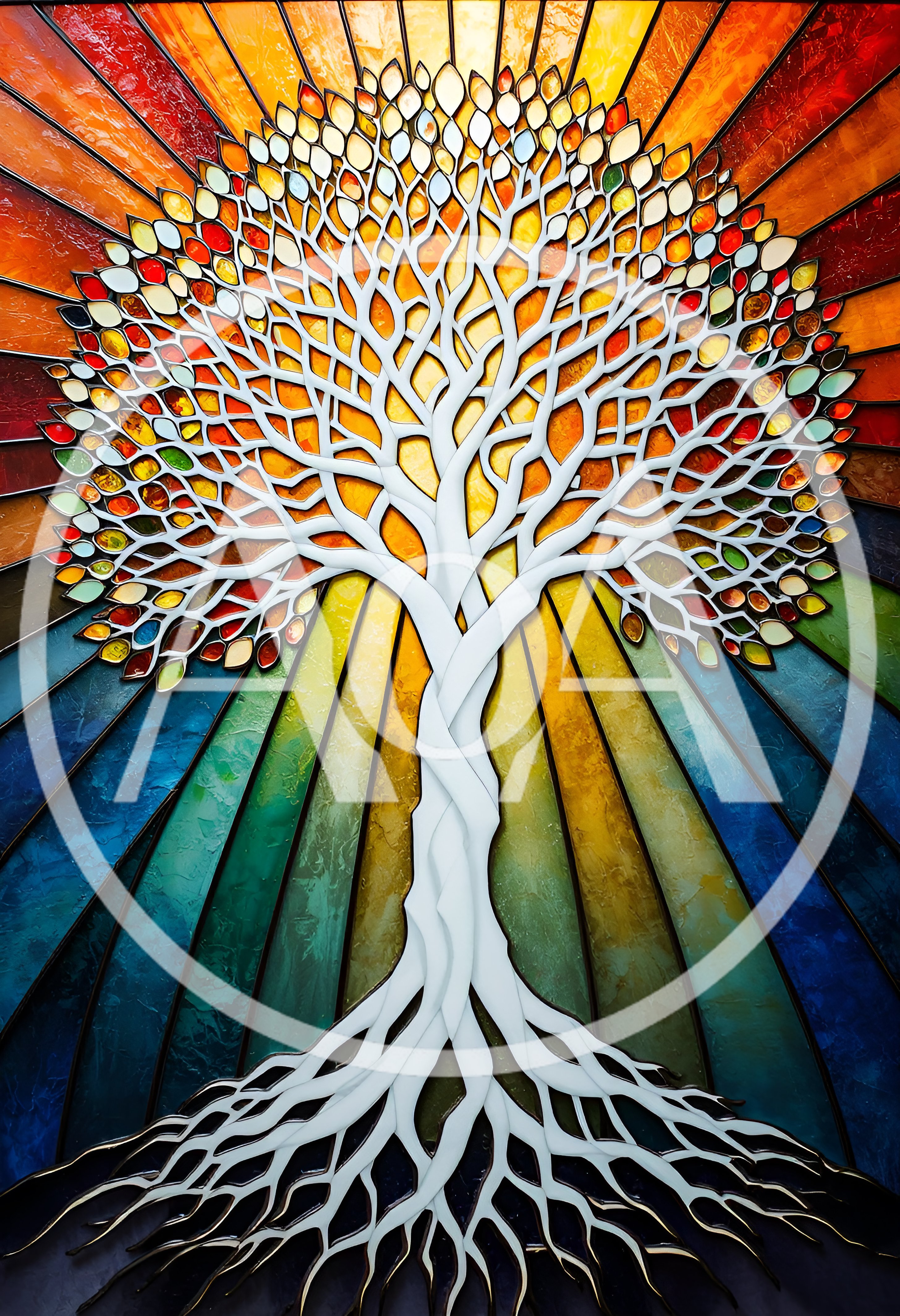 Stained Glass Tree Of Life With Radiant Sunburst Background