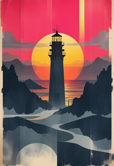 Minimalist Lighthouse Silhouette Against Vibrant Sunset