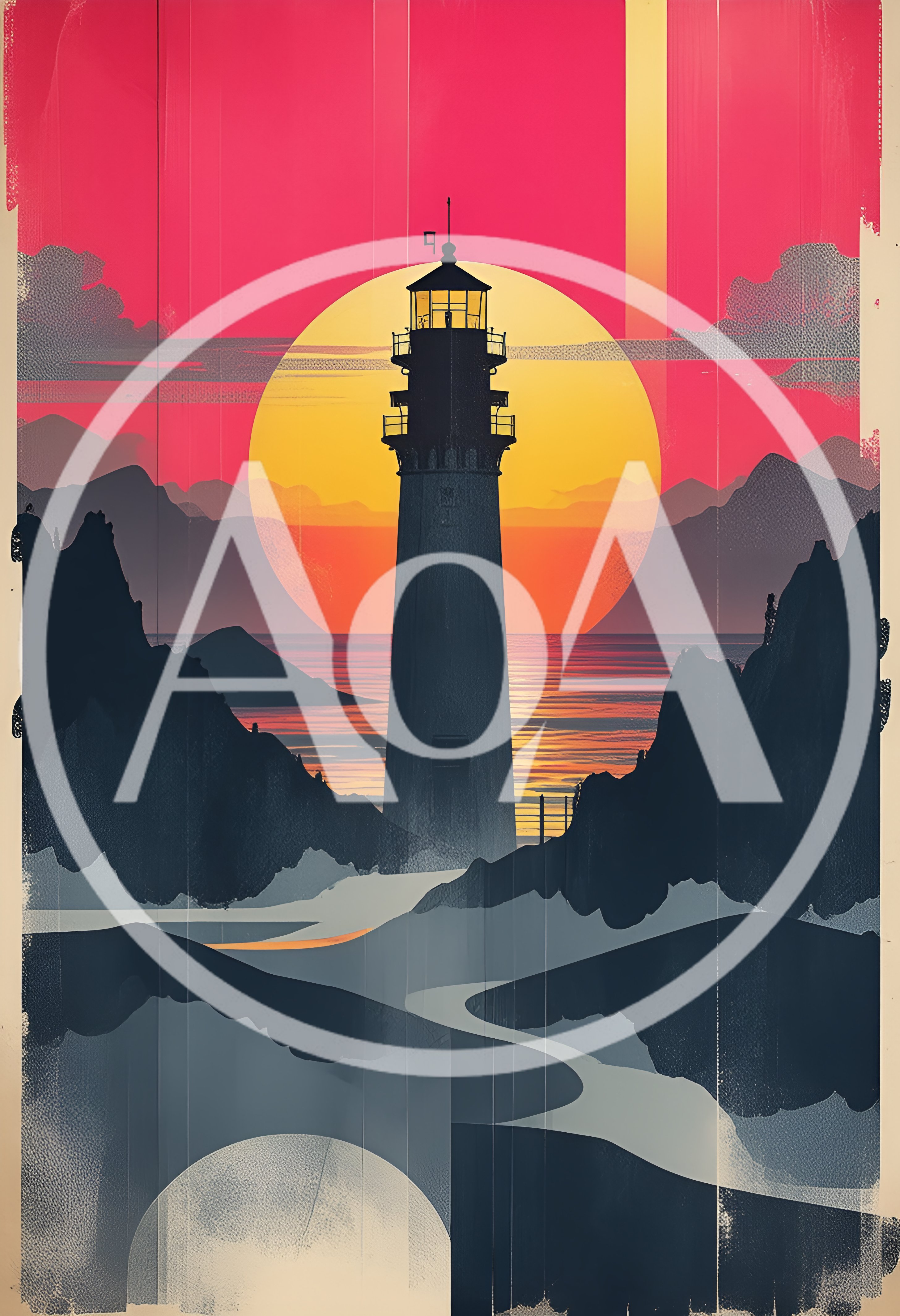 Minimalist Lighthouse Silhouette Against Vibrant Sunset