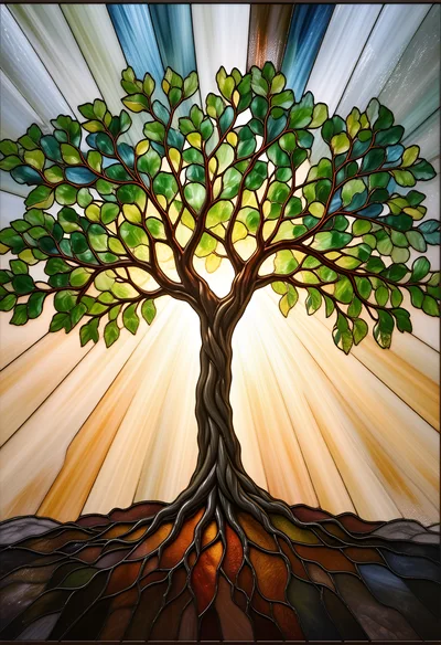 Stained Glass Tree Of Life With Radiant Sunbeams