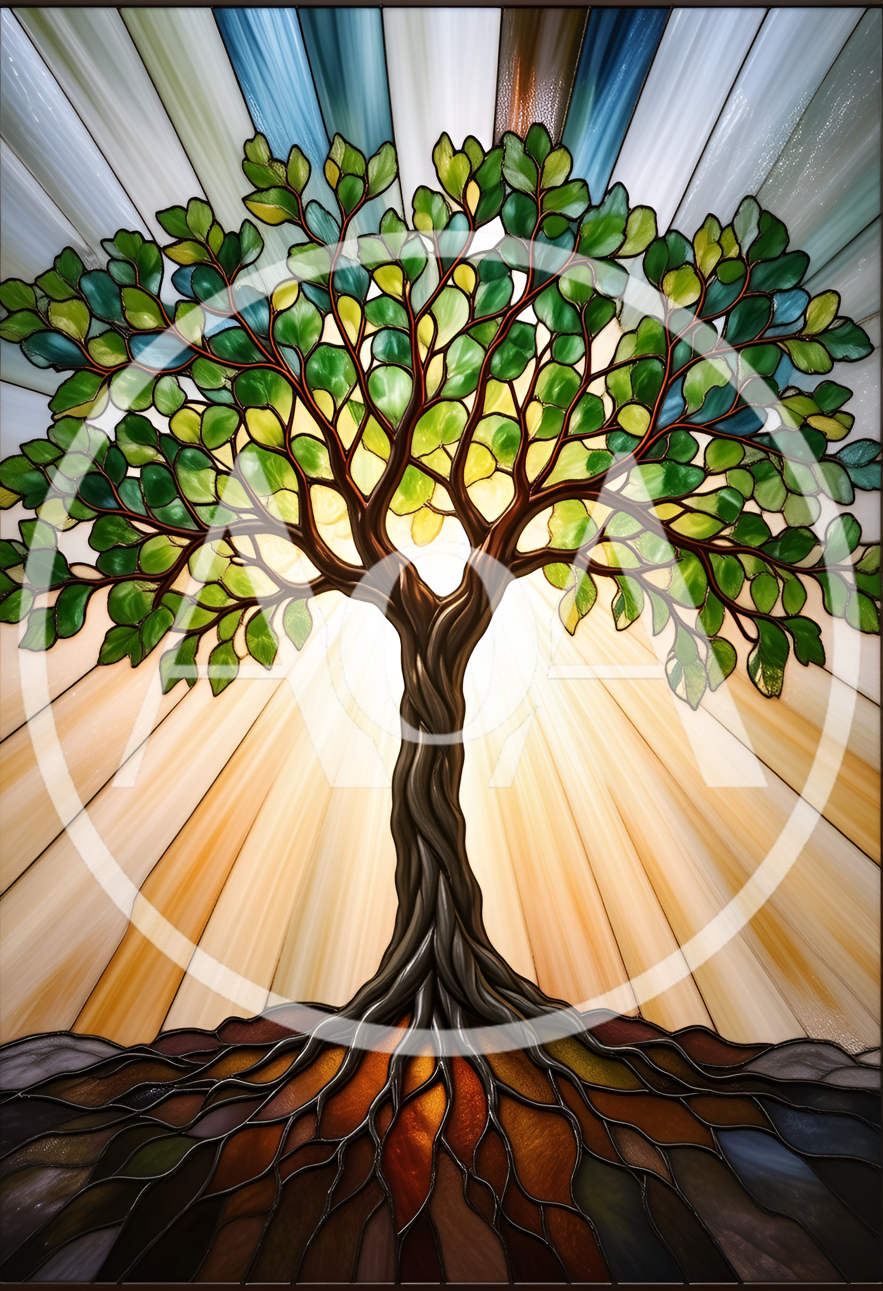 Stained Glass Tree Of Life With Radiant Sunbeams