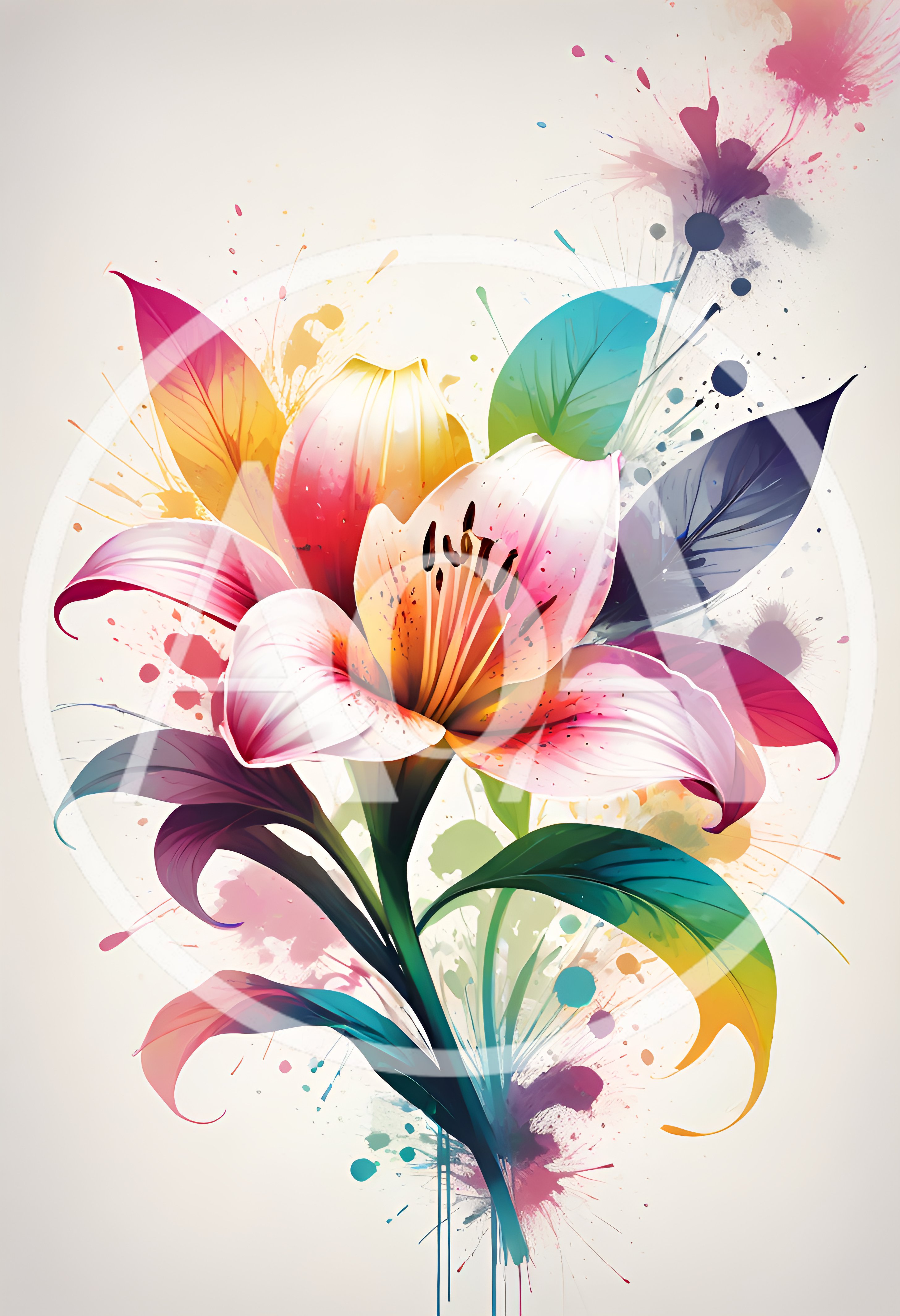 Watercolor Lily Flower With Vibrant Splatter Art