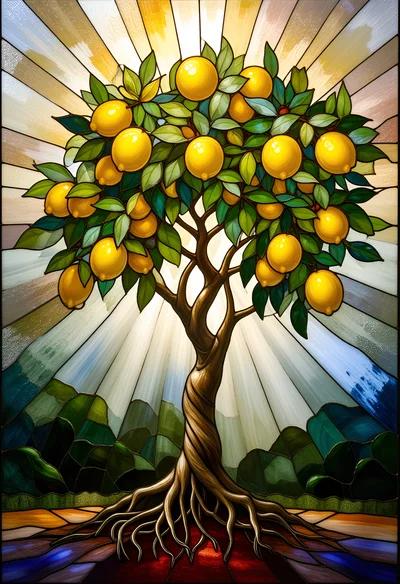 Stained Glass Lemon Tree With Radiant Sunburst Background