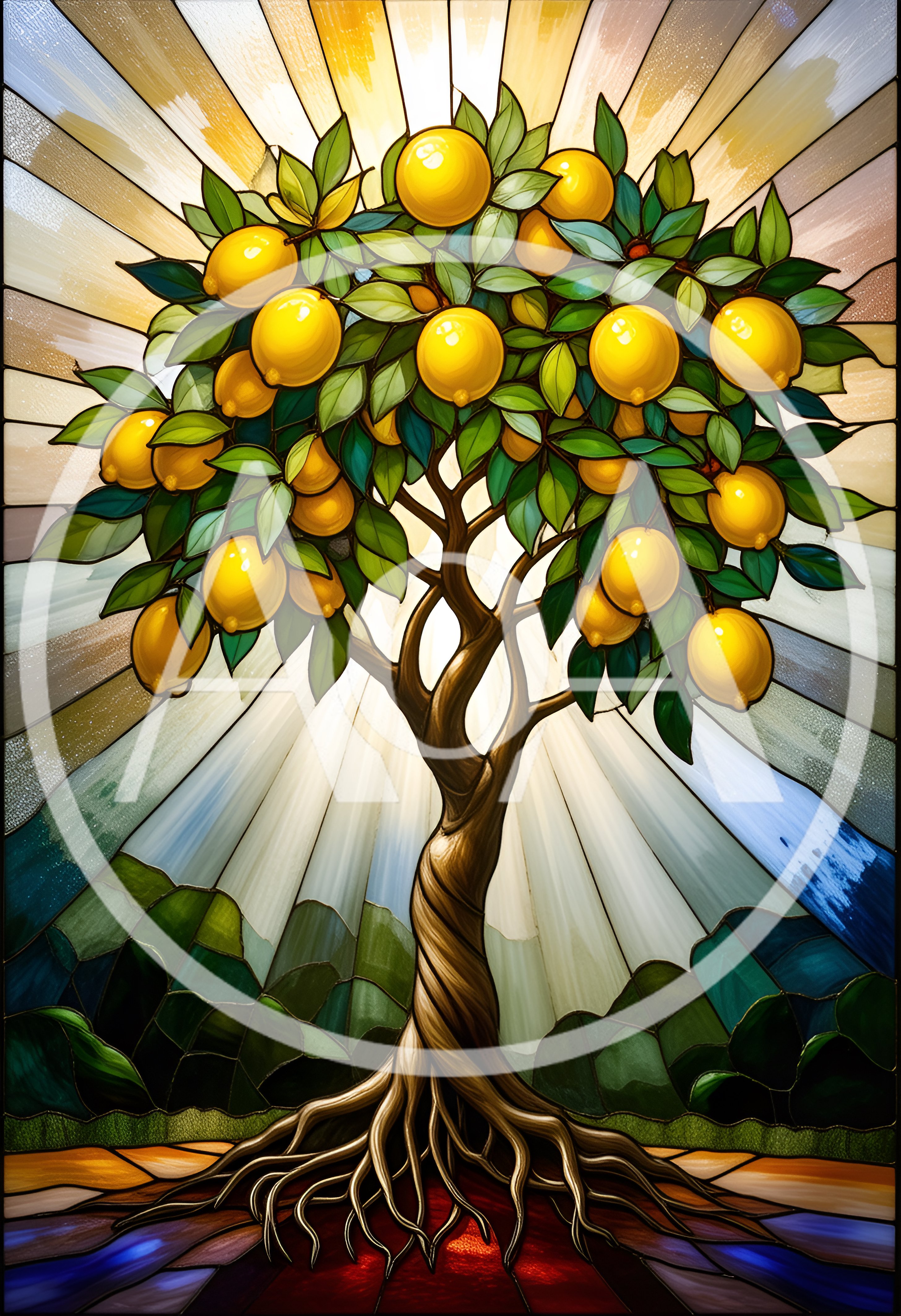 Stained Glass Lemon Tree With Radiant Sunburst Background