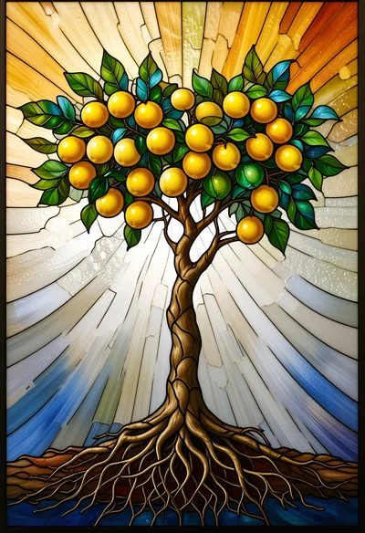 Stained Glass Tree With Golden Fruit Illustration