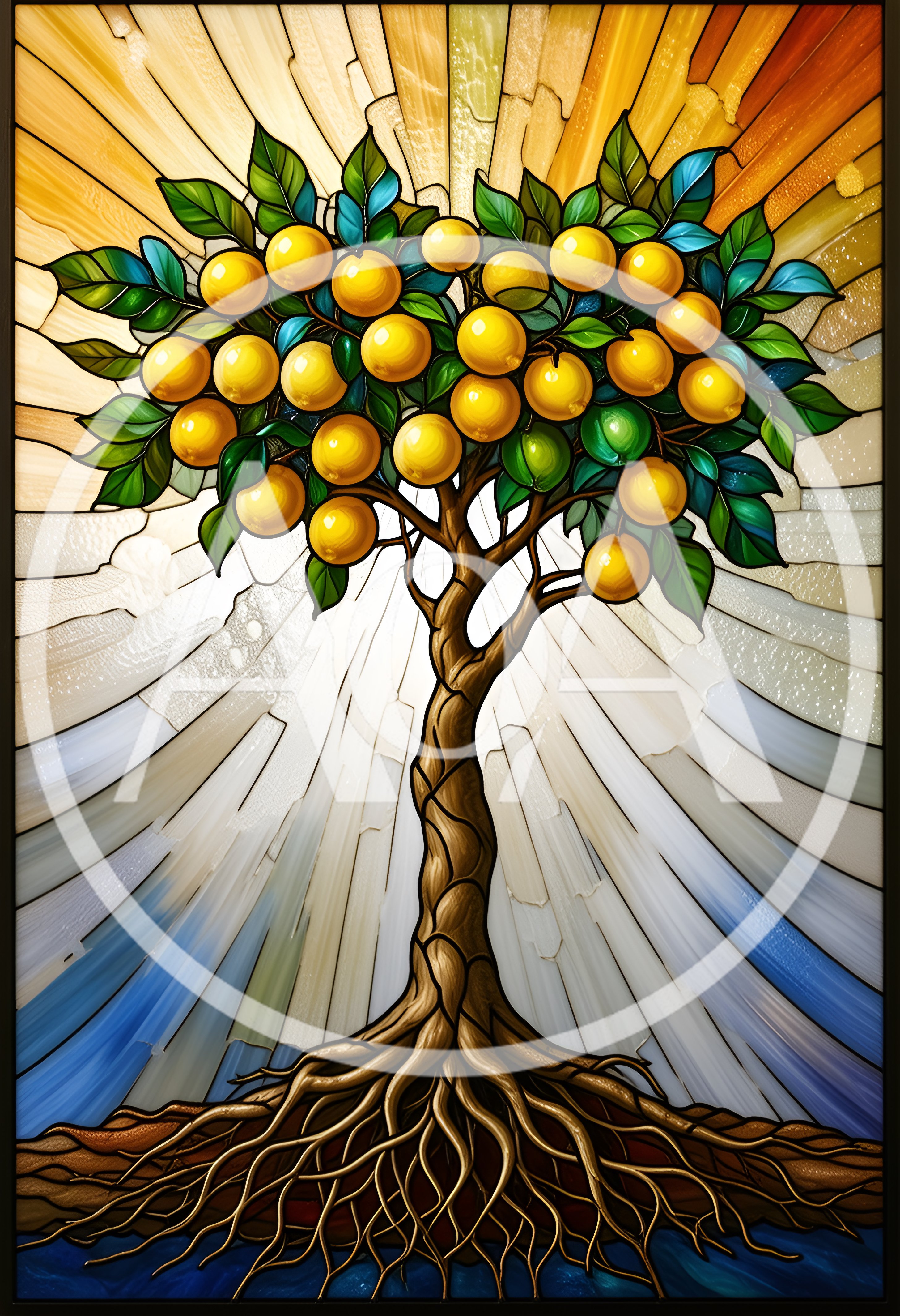 Stained Glass Tree With Golden Fruit Illustration