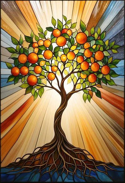 Stained Glass Orange Tree With Radiant Sunburst Background