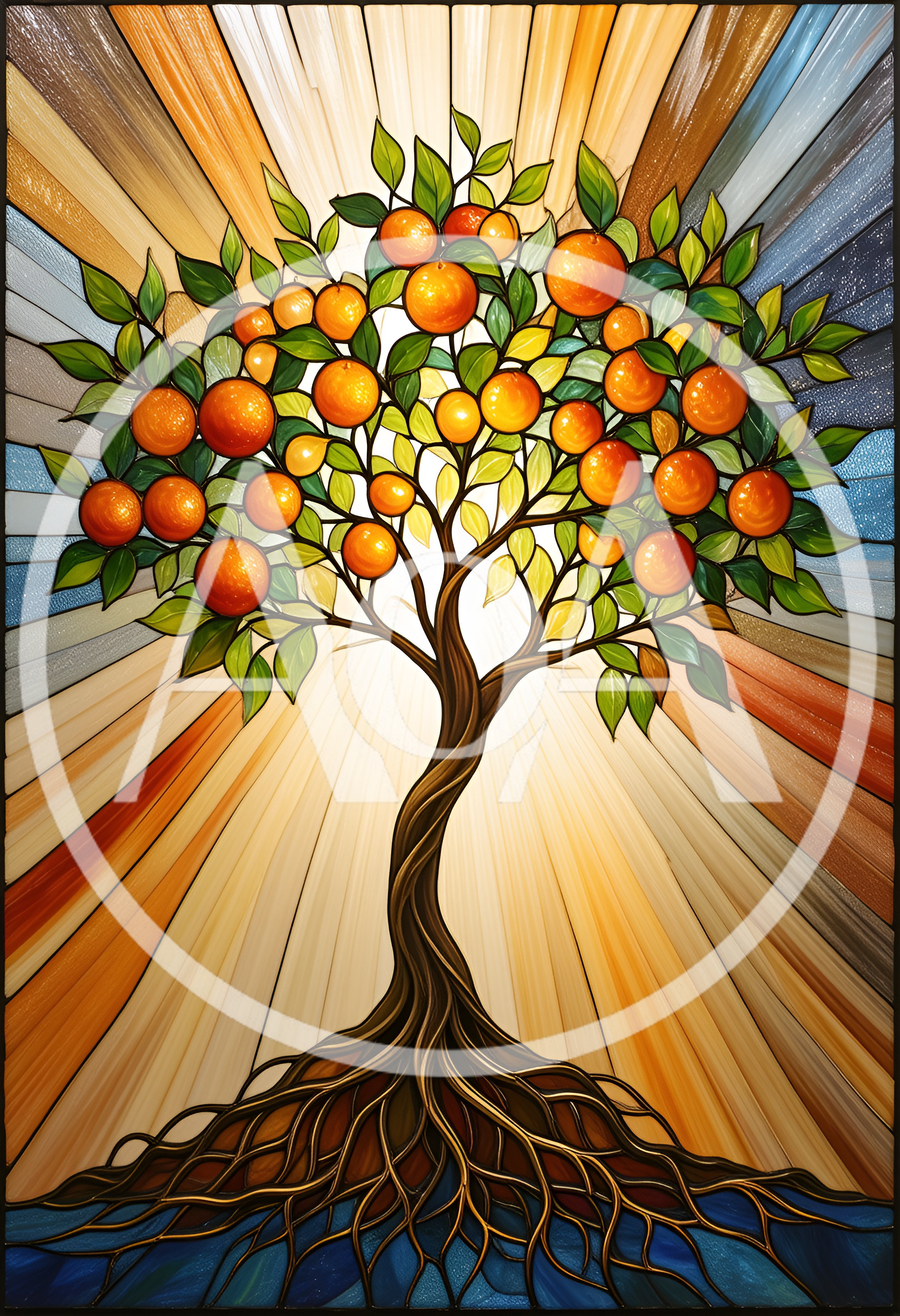 Stained Glass Orange Tree With Radiant Sunburst Background