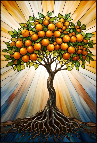 Stained Glass Orange Tree With Radiant Sunburst Background
