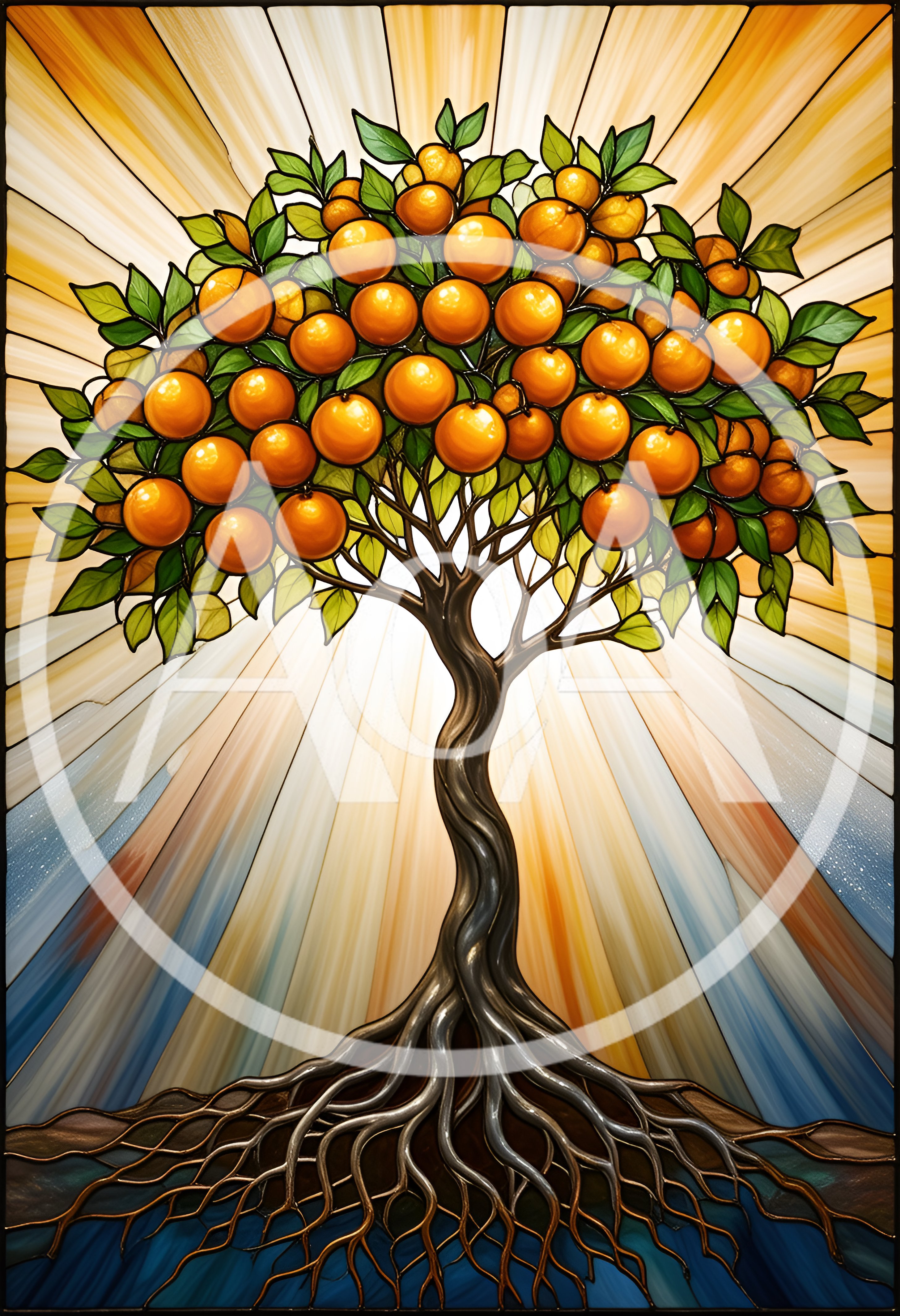 Stained Glass Orange Tree With Radiant Sunburst Background
