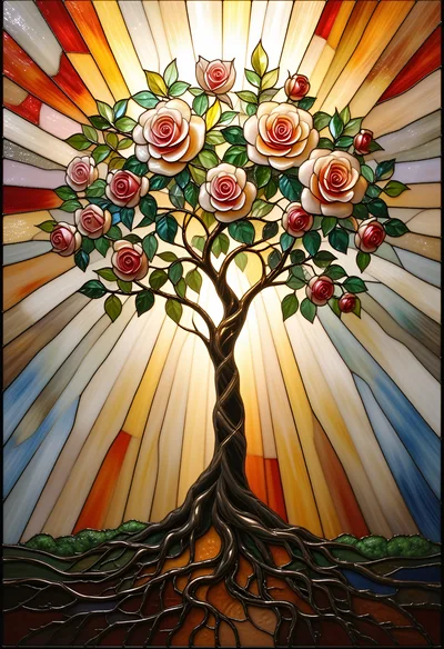 Stained Glass Tree With Blooming Roses Art