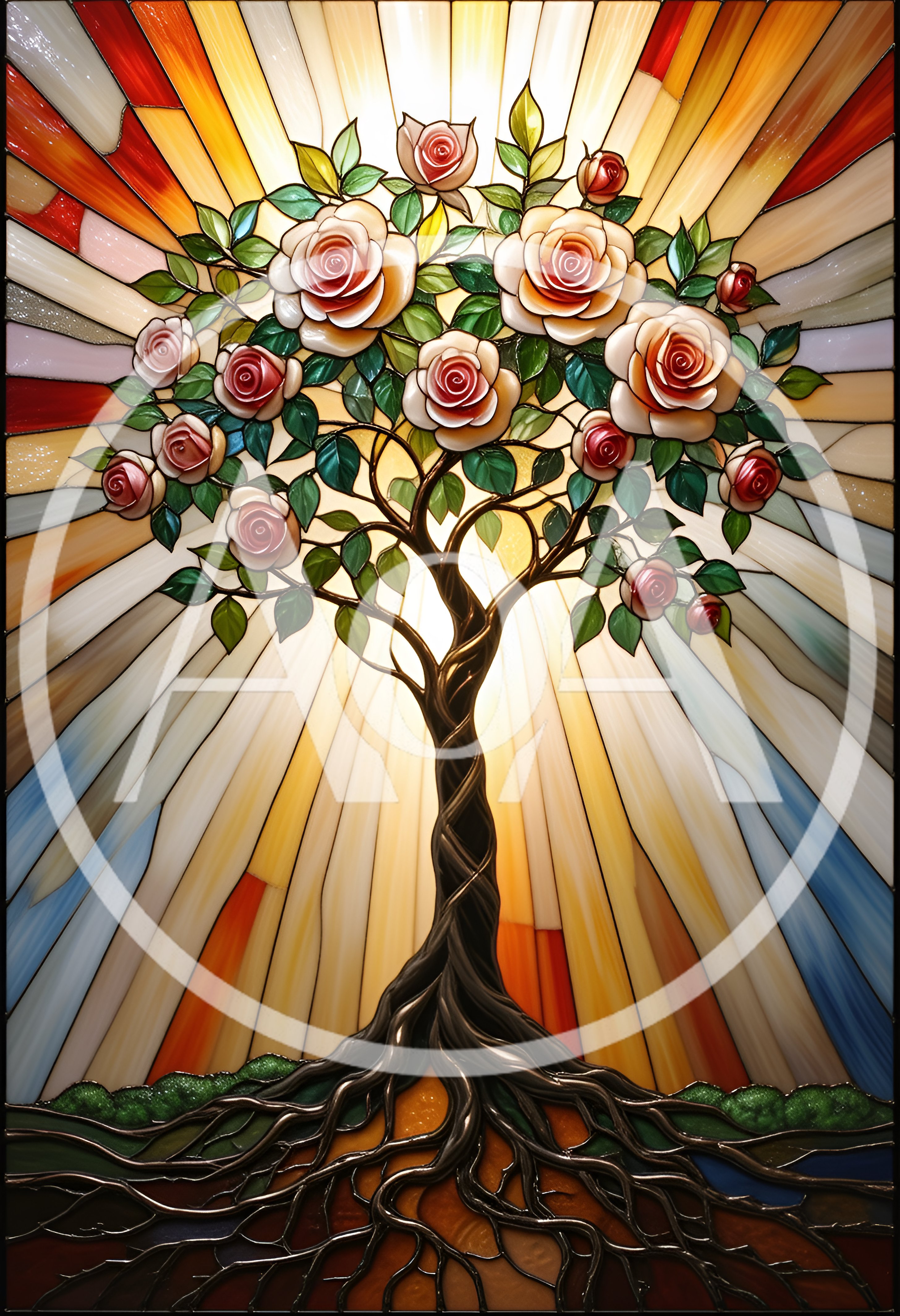 Stained Glass Tree With Blooming Roses Art
