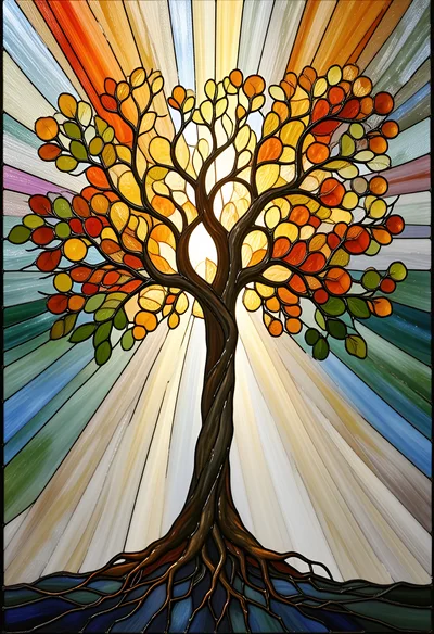 Stained Glass Tree Of Life With Radiant Sunburst Background