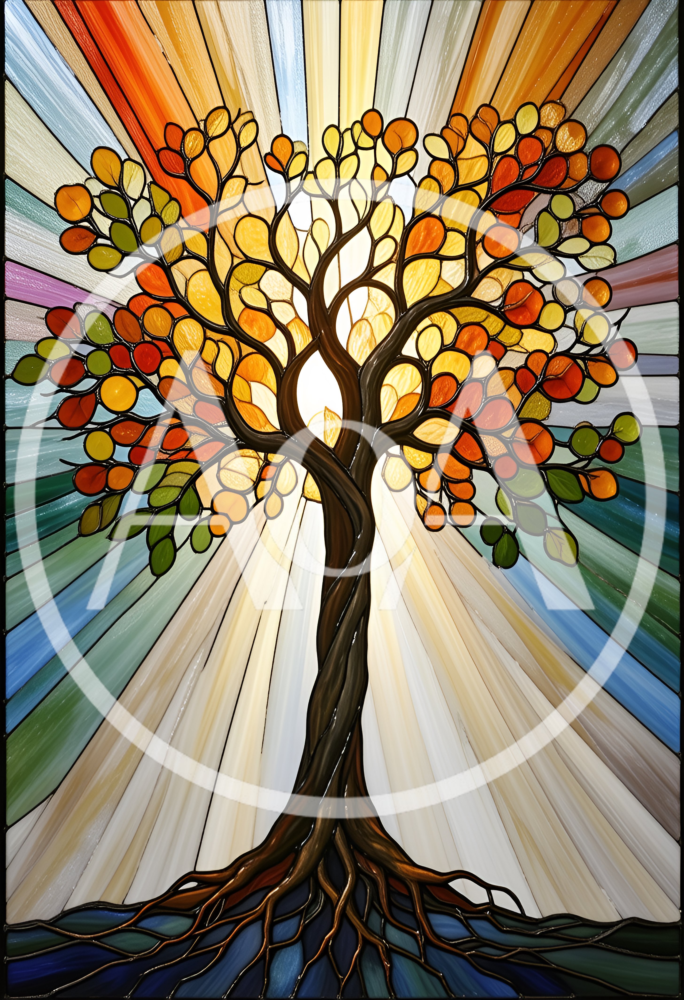 Stained Glass Tree Of Life With Radiant Sunburst Background