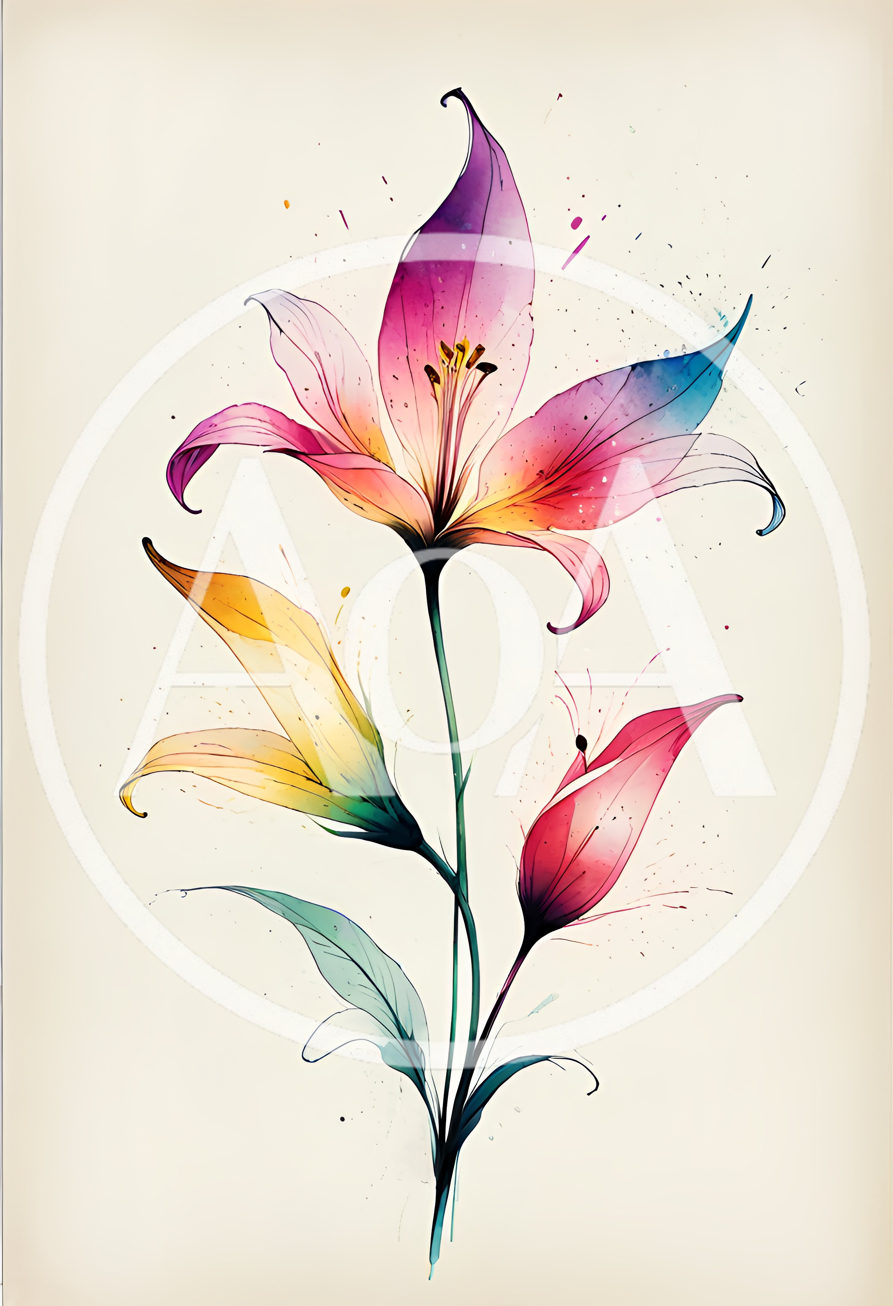 Watercolor Illustration Of A Colorful Lily Flower