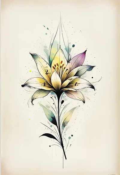 Watercolor Lily Flower Illustration With Fine Line Art