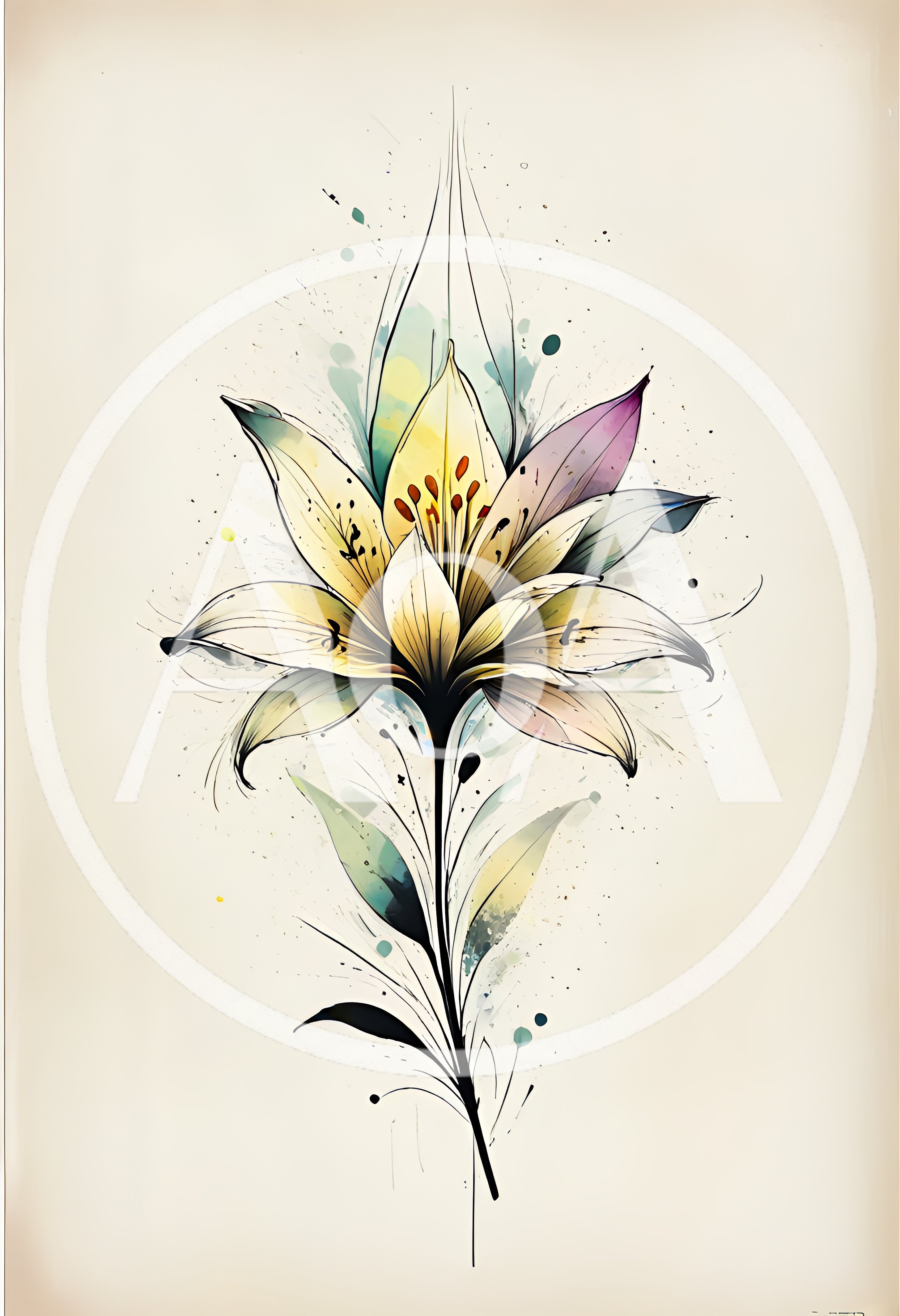 Watercolor Lily Flower Illustration With Fine Line Art
