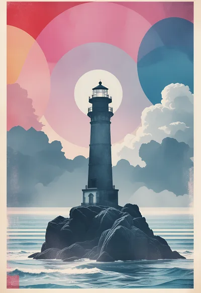 Lighthouse Standing On A Rocky Island At Sunset
