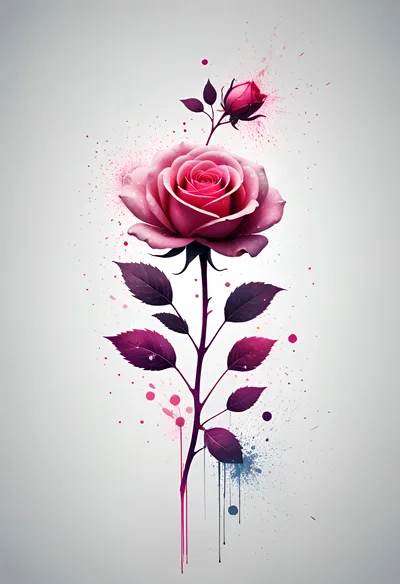 Watercolor Style Pink Rose Illustration With Paint Splatters
