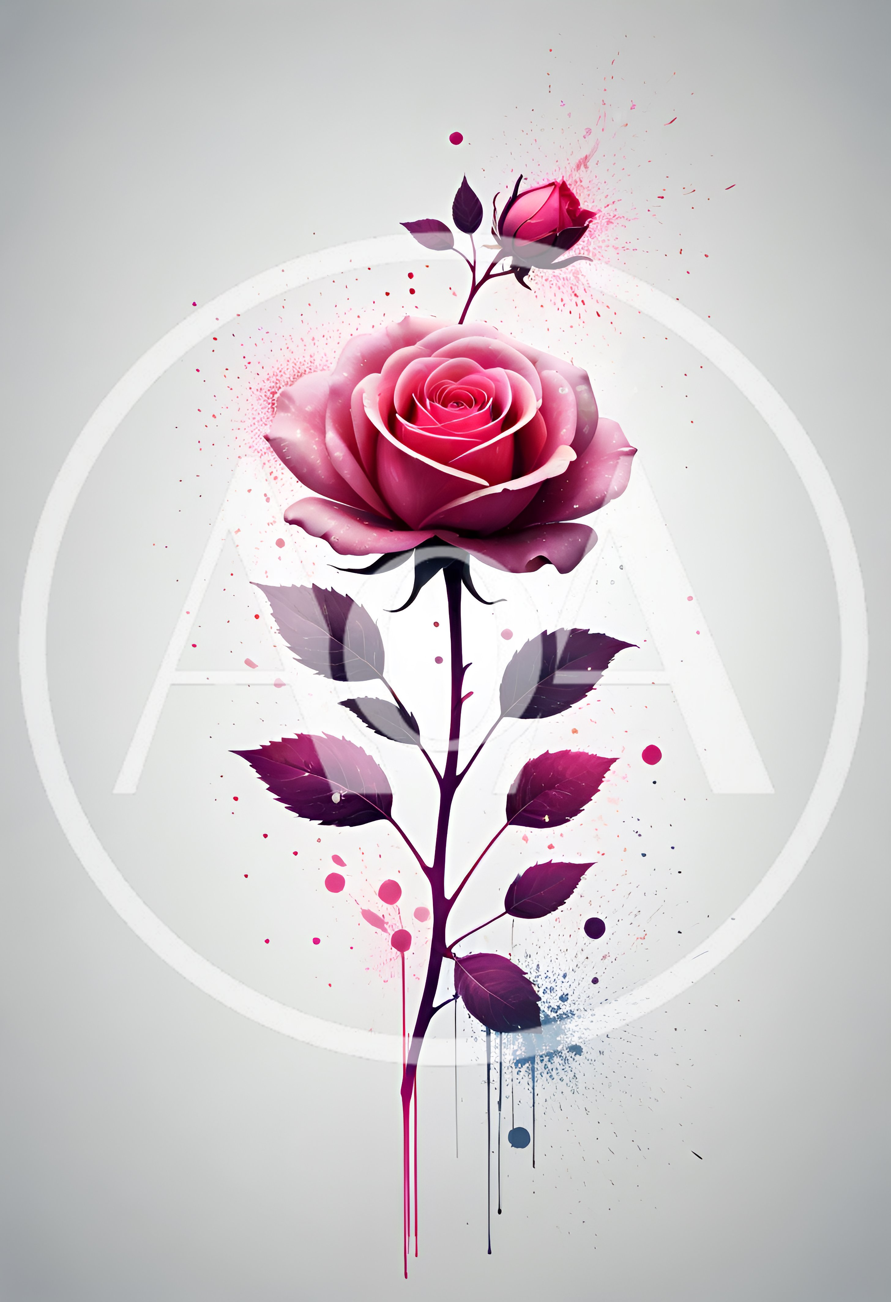 Watercolor Style Pink Rose Illustration With Paint Splatters