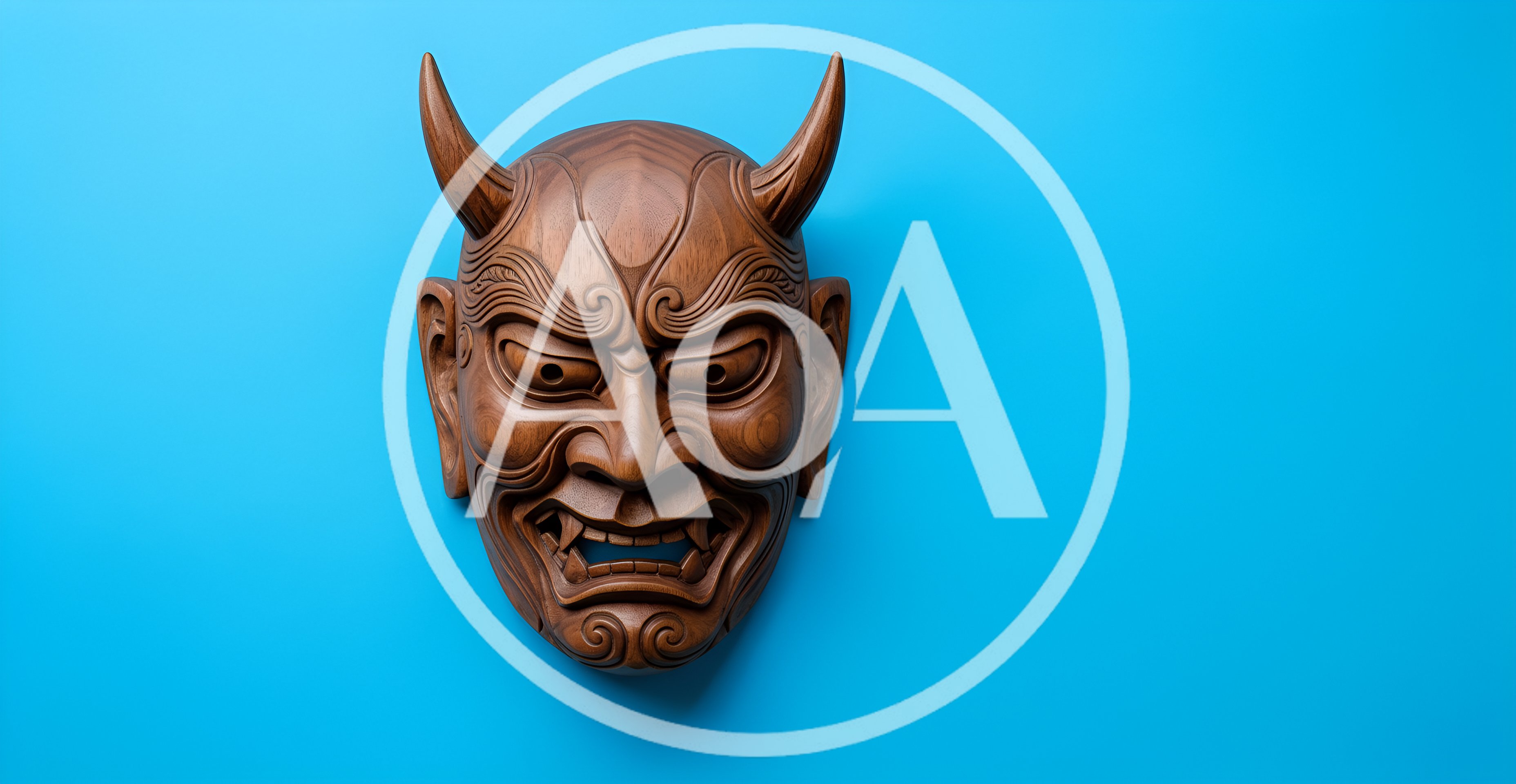 Wooden Hannya Mask On Bright Blue Background