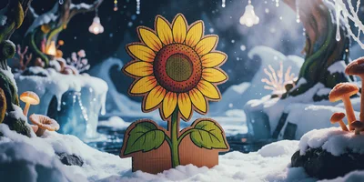 Cardboard Sunflower Cutout In A Snowy Winter Forest