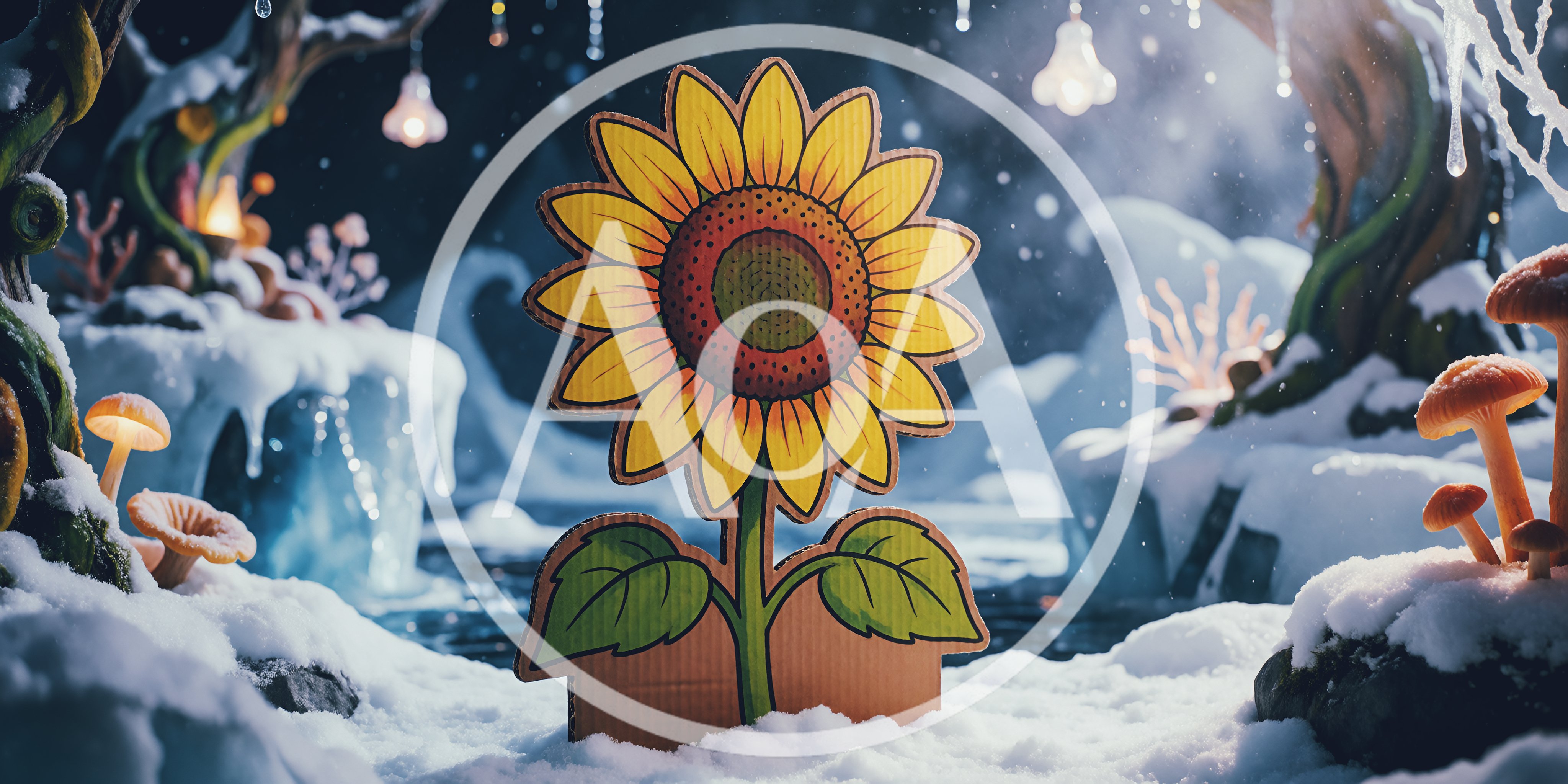 Cardboard Sunflower Cutout In A Snowy Winter Forest