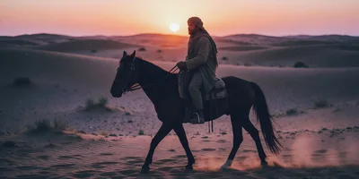 Bedouin Man Riding Horse Through Desert At Sunset