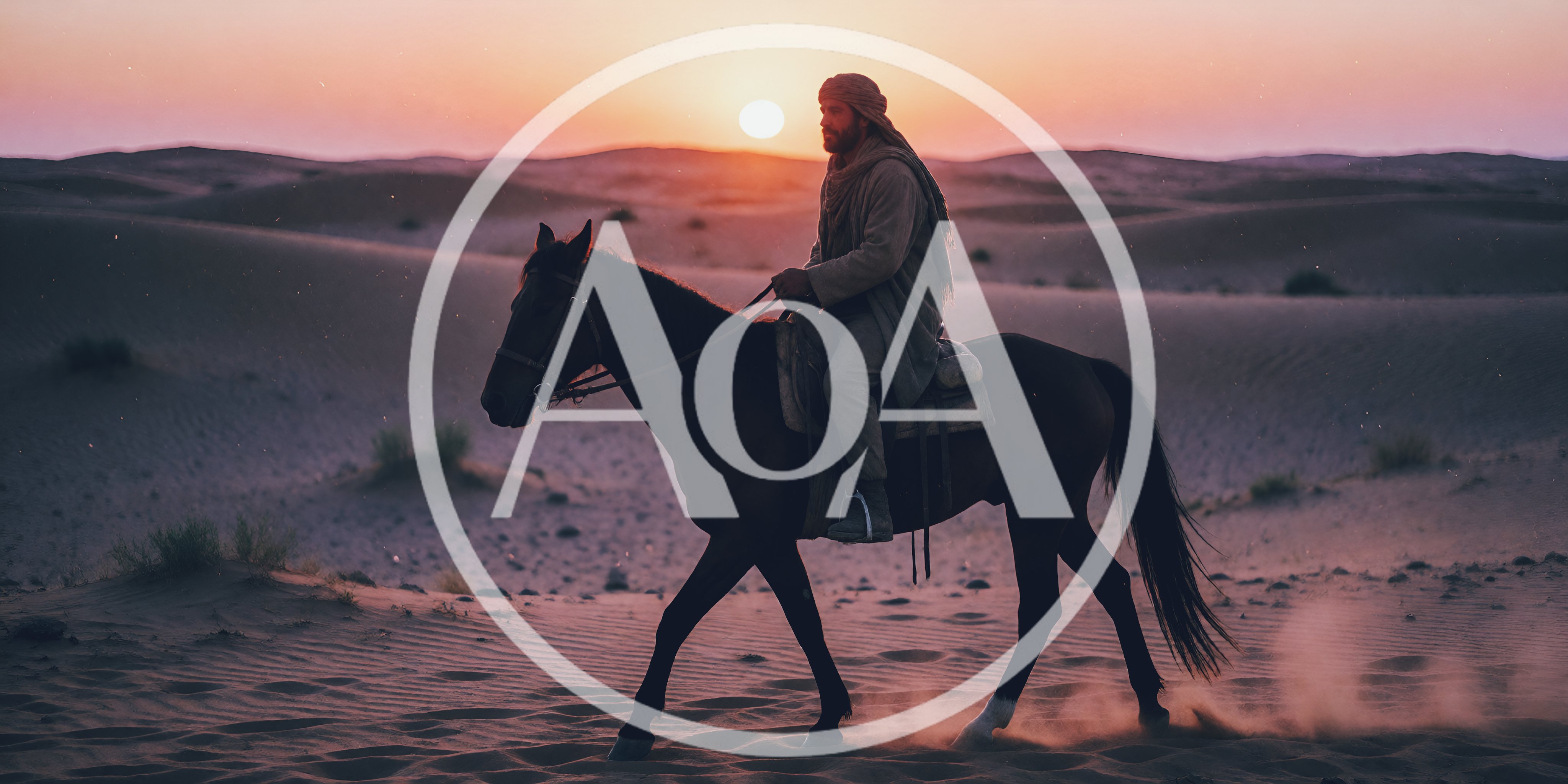 Bedouin Man Riding Horse Through Desert At Sunset