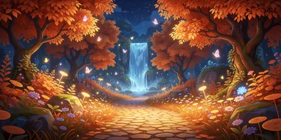 Enchanted Forest Path With Glowing Waterfall And Butterflies