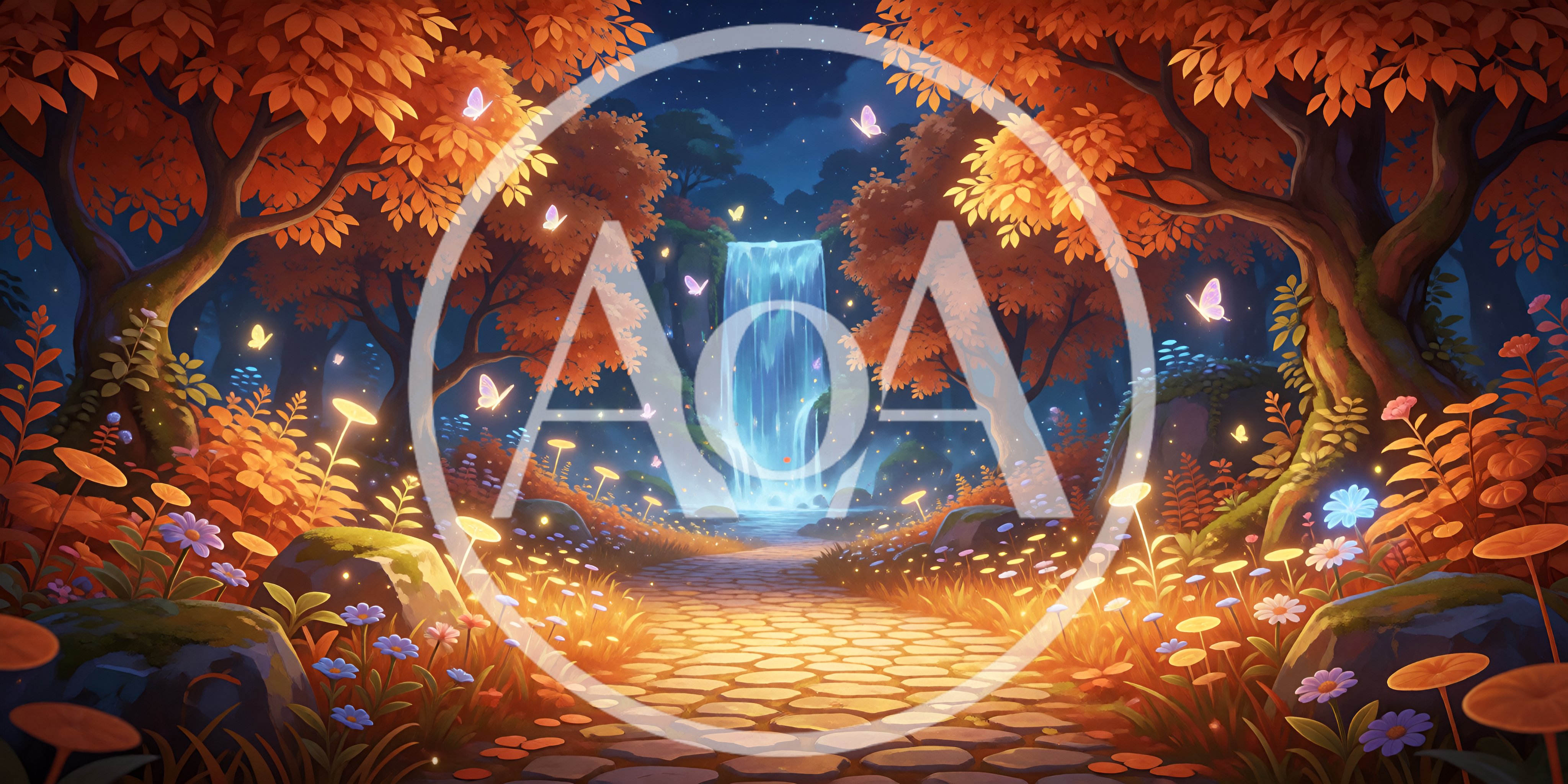Enchanted Forest Path With Glowing Waterfall And Butterflies