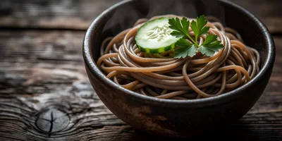 Steaming Bowl Of Soba Noodles With Cucumber And Parsley