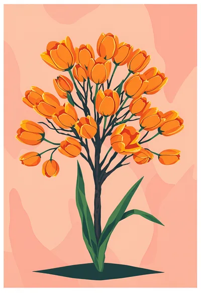 Stylized Illustration Of Orange Tulips On Pink Background