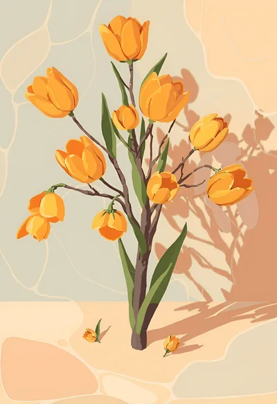Stylized Illustration Of Orange Tulips In A Vase