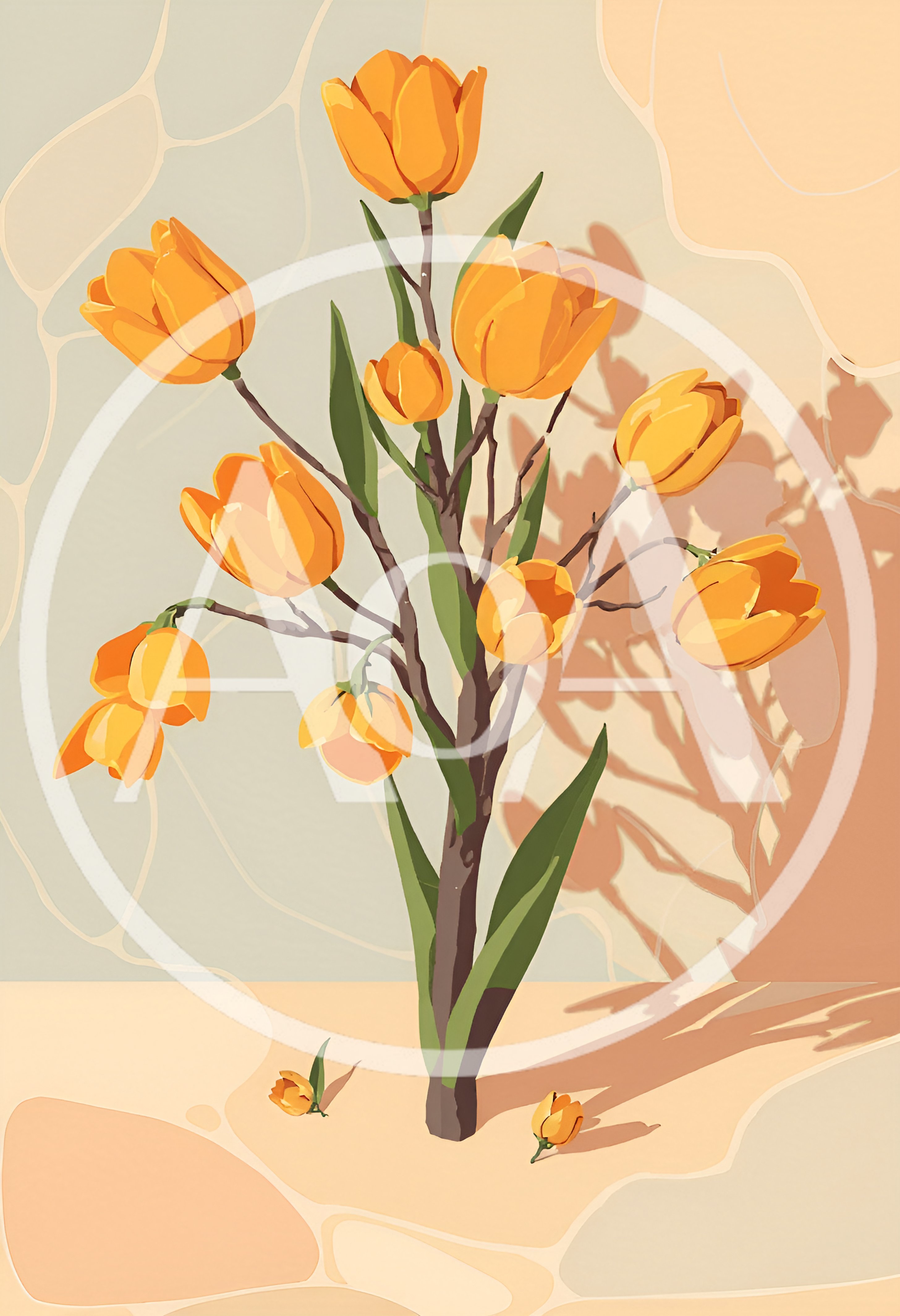 Stylized Illustration Of Orange Tulips In A Vase