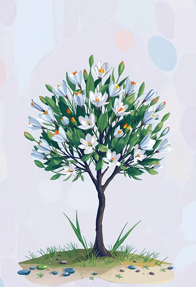Stylized Illustration Of A Flowering White Crocus Tree