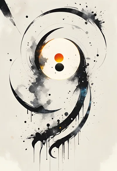 Abstract Ink Wash Painting With Celestial Circles